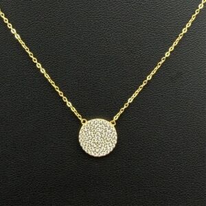 Sterling SIlver 925 Gold Plated Round Pave Disc Pendant Necklace Cubic Zirconia